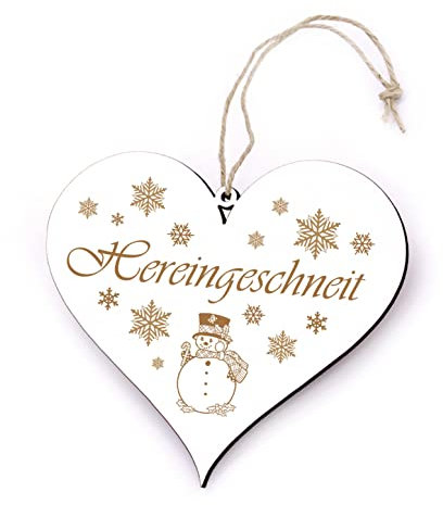 Hereingeschneit Schild Herz - Willkommen Türschild Holz graviert mit Motiv Schneemann Schneeflocken Willkommensschild 13 x 12 cm