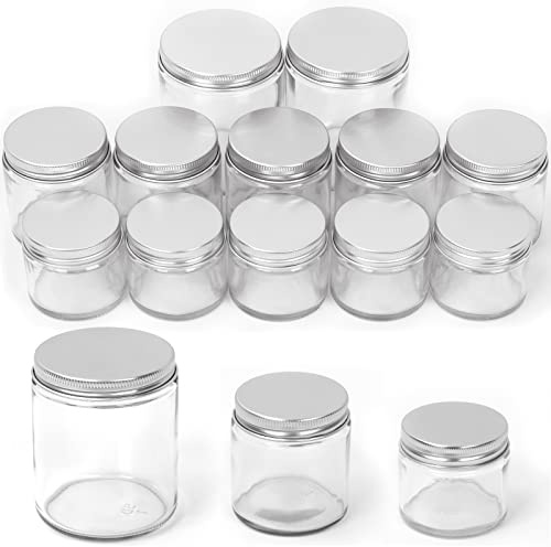 Swpeet Vasetti in vetro trasparente con coperchi argentati, set assortito, contenitori rotondi, barattoli per cosmetici con coperchio, barattoli da viaggio, contenitori cosmetici per crema, lozioni