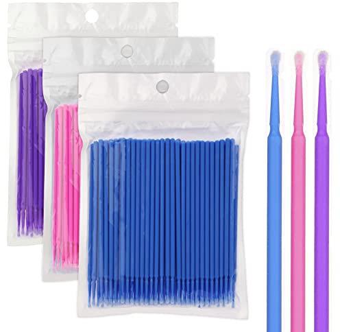 Microbürstchen - Vaktop 300 Stück Microbrush, Einweg Microbürsten Wimpernverlängerung - für Makeup und Reinigung Mikro-Applikator-Bürsten (Lila/Blau/Rosa)