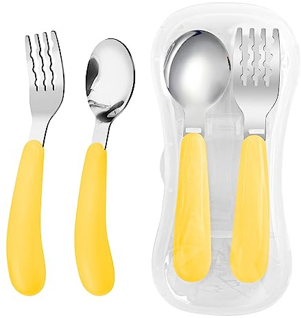 VANRA 2 Pieces Toddler Fork and Spoon Set with Travel Case 18/8 Stainless Steel Toddler Utensils Kids Silverware Children Flatware Child Cutlery Set for School Lunch Box (Yellow)