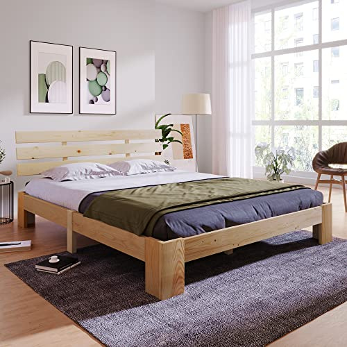 Merax Lit Double, en Bois Massif, avec tête de lit et sommier à Lattes, 140 x 200 cm, Support à Lattes en Bois, Espace de Rangement sous Le lit, Meuble de Chambre à Coucher, chêne