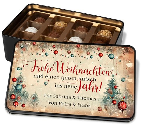 Vintage Pralinendose personalisiert „Frohe Weihnachten und einen guten Rutsch“ – 12 Confiserie-Pralinen in Metalldose – Schokolade Geschenk für Freunde & Familie