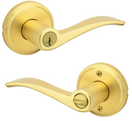 Kwikset Sedona Entry Door Handle with Lock and Key, Secure Keyed Reversible Lever Exterior, for Front Entrance and Bedrooms, Satin Brass, Pick Resistant Smartkey Rekey Security and Microban