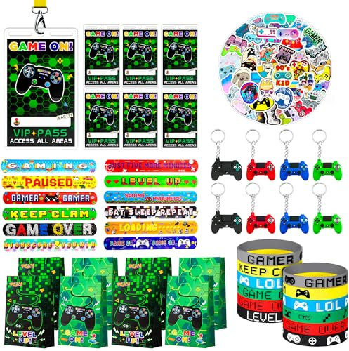 Bomboniere Videogiochi Feste di Compleanno, 110pcs Set di Gaming Festa Bomboniere Includere Sacchetti Regalo per Videogiochi Portachiavi Adesivi Braccialetti etc Regalo a Tema di Gioco per Bambini