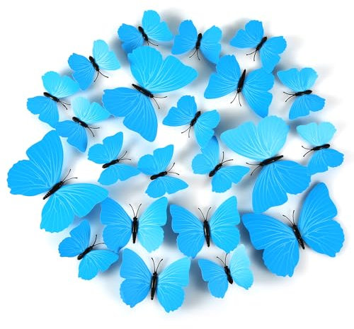 24 Pièces Décoration Murale Papillon, Aimant Papillon Monarque Artificiel Papillon 3D Autocollants Muraux Art pour Réfrigérateur Casier Mur Maison Fête Décorations (Bleu)