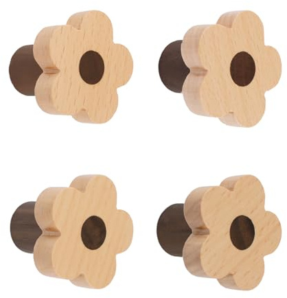 MOROBOR Lot de 4 boutons en forme de fleur en bois pour placard, poignées en bois de hêtre à trou unique pour commode de chambre d'enfant avec vis et tube d'expansion