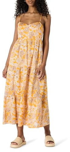 Amazon Essentials Robe Longue Ajustée et Évasée en Satin de Coton, Col en Cœur et Taille Empire Femme, Jaune Doré Beige Multi Folk Floral, XXL