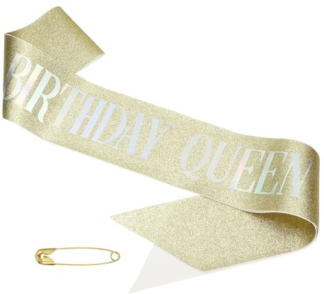 PATIKIL Banda de Cumpleaños para Chicas, Banda para Mujeres Sash Reina de Satén Decoraciones de Fiesta con Alfiler de Seguridad para Regalos y Favores de Fiesta, Fantasía Dorada