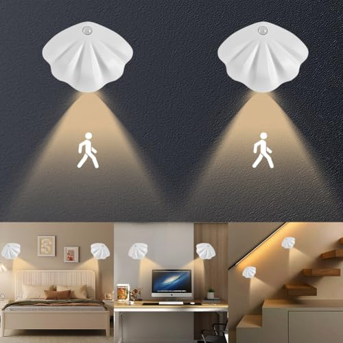 LED-vägglampa inomhus med rörelsedetektor, USB-C laddningsbar vägglampa batteri, magnetisk vägglampa, 3 färger, trådlös vägglampa, för vardagsrum sovrum trapphus (vit x 2)