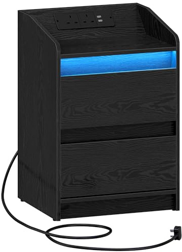 Hzuaneri Bedside Table with Charging Station & LED Lights, Black