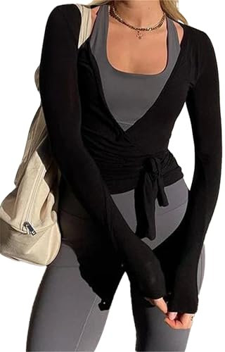Frauen Y2k Ballett Wrap Top Langarm Tiefer V-Ausschnitt Slim Fit Yoga Pilates Ballet Workout Tops Frühling Kleidung (A-Black, S)