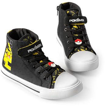 Pokémon Pikachu Boys High-Top Trainers with Hook and Loop Strap | Pika Kids Black Yellow Lightning Bolt Footwear | Pokeball Merchandise Pokemon Merch | Back to School Shoe - 3 UK Child