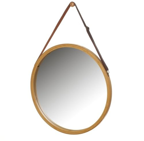 LOLAhome - Espejo Redondo de 60 cm con Correa Ajustable de Polipiel, Marco de Bambú Natural. Espejo de Pared para Baño, Comedor, Salón o Recibidor