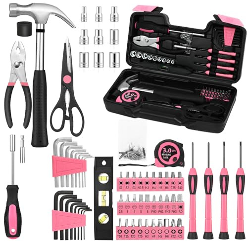 143pc Pink Household Tool Set with Toolbox Storage Case - All Purpose Small Hand Tool Kit Includes Essential Tools for Home, Office, College Repairs