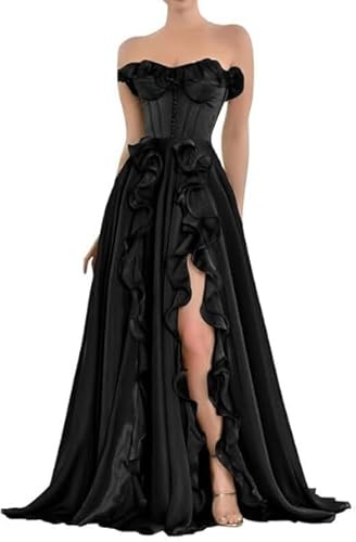 Generic - Abiti da ballo in chiffon senza spalline con ruches, a linea, lunghi, a corsetto, senza maniche, con fessura, da sera, per feste, Nero , XL