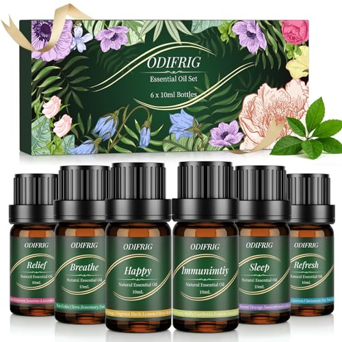 ODIFRIG Oli Essenziali per Diffusore 6x10ml,Set Oli Essenziali Naturali per Aromaterapia Relax, Sonno,Anti Stress e Benessere,Spa Casa, Umidificatore - Refresh,Relief,Sleep,Breathe,Immunity & Happy