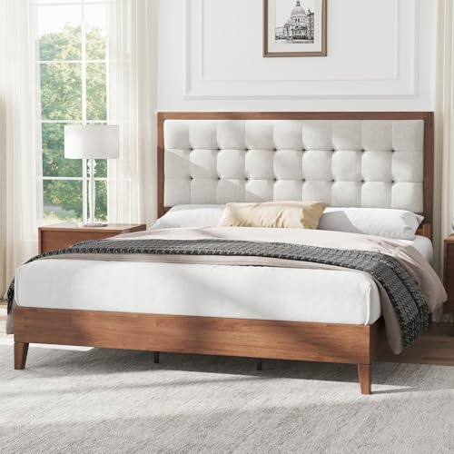LUXOAK Cadre de lit 140x200 en Bois Massif de pin avec tête de lit rembourrée 124 cm, lit Double avec sommier à Lattes, Design Moderne Aspect Noyer en Tissu Lin, sans Matelas