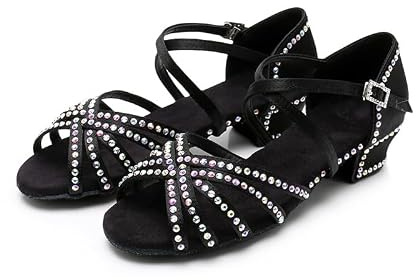 Hixingo Zapatos de Baile Latino Mujer Tacon 3cm, Brillantes Tango Zapatos de Salsa y Bachata con Tacón y Pedrería Cómodos Elegante Sandalias para Práctica, Rendimiento, Fiesta Carnaval