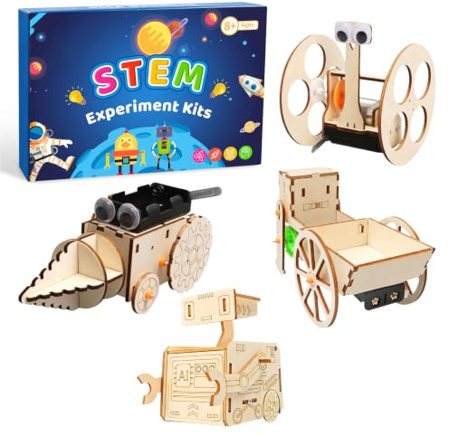 4 stycken experiment för barn från 8+ träbyggsats barn experimentlåda | Robot, elektronik, byggsats, forskare, set, elektrisk byggsats, leksak, presenter från 8 9 10 11 12 13 14 år, pojkar, flickor