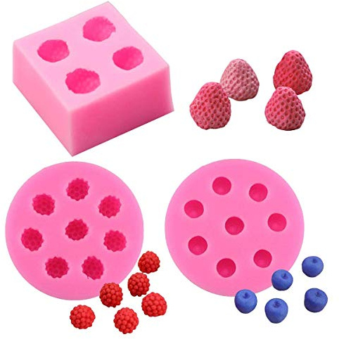 3Pcs/Set 3D Mini Strawberry, Raspberry & Blueberry Silicone Fondant Molds Soap Candle Mulberry Wax Melts Molds Berries Chocolate Candy Mold for Cake Cupcake Topper Decoration