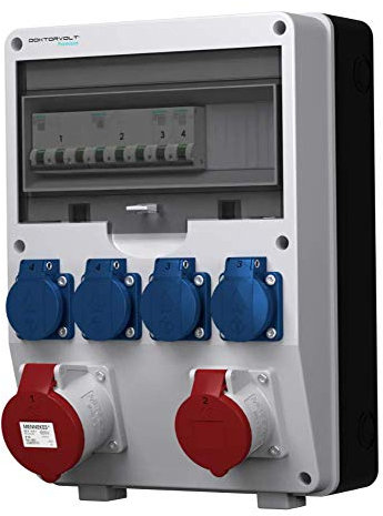 Doktorvolt - Distributore di corrente per edilizia, PTD-S/FI, prese Schuko, 4 x 230 V, 32 A, 16 A, interruttore Fi completo, distribuzione di energia esterna con combinazione CEE