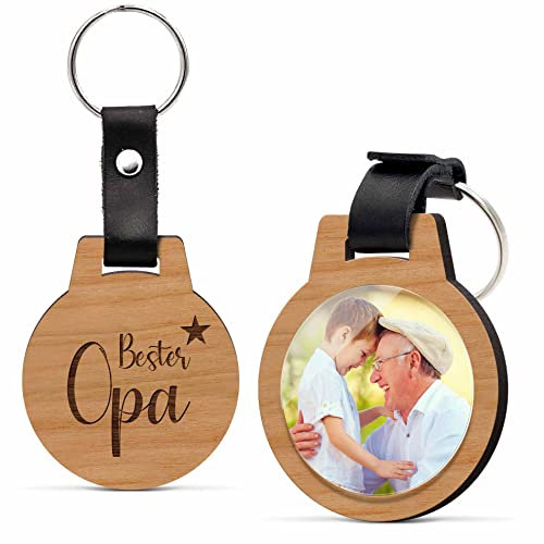 Foto Schlüsselanhänger personalisiert mit Bild & Namen Gravur | Echtes Holz - kratzfest | Schlüssel Anhänger Bester Opa - große Motivauswahl! Persönliches Geschenk für Männer Großvater Papa
