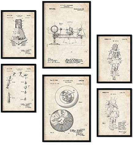 Nacnic Set de 6 láminas de patentes Astronauta. Pósters con dibujos retro de inventos antiguos para tu hogar. Decoración de interiores estilo Vintage. Tamaños A4 y A3. Sin marco.