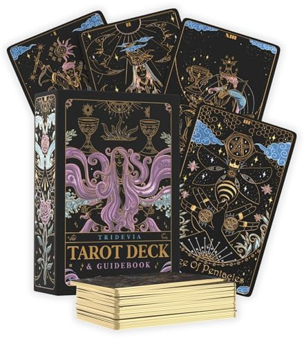 Calmoura Tridevia - Cartas de tarot con guía, 78 cartas inspiradas en Rider-Waite con significados, detalles dorados y bordes dorados para principiantes y expertos