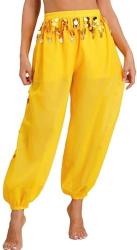Leemiman Women Belly Dance Costume Harem Pants Indian Dance Trousers Bollywood Hanging Coin Sequins Lantern Pants Chiffon (Yellow)