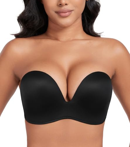 DotVol Soutien-Gorge pour Femmes sans Bretelles Push Up Dos Nu rembourré Deep V Convertible Grande Taille Confort Quotidien décontracté 95A Noir