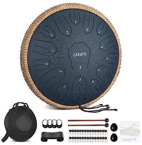 LEKATO 15 Noten 14 Zoll C-Dur Handpan Zungentrommel, Steel Tongue Drum für Heilung Meditation Bildung, Steel Pan Scheibentrommel Schlaginstrument für Einsteiger, Navy Blau