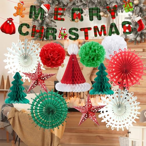 Premium Reusable Christmas Decoration, Snowflakes Fan Paper Pom Poms Honeycomb Balls Xmas Banner Stars Christmas Ceiling Decorations for Indoor Xmas Room Decor