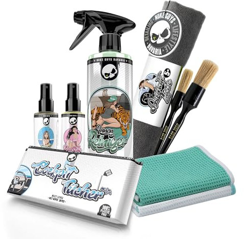 Nuke Guys Set di pulizia per interni auto | detergente per interni + detergente per vetri + 2 panni per finestra + profumo auto + panni opachi + 2 pennelli per dettagli + 5 panni in microfibra | Set
