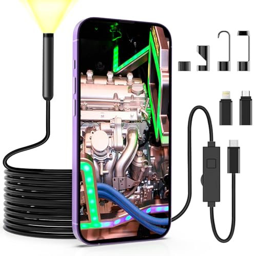 BNEHHOV Endoscopio per Smartphone, 1920P Telecamera Endoscopica con 8 Luci LED, IP67 Sonda Impermeabile Telecamera Ispezione Tubi con Cavo Semirigido da 5 m per Android, iOS Smartphone
