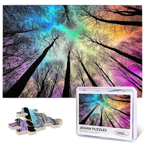 Colorful Forest Under Starry Night 1000 Pieces Colorful Gradient Magic for Adult,Hard Challenge Puzzle Northern Lights Starry Night Glow in The Dark Puzzle for Birthday Gifts and Family Game
