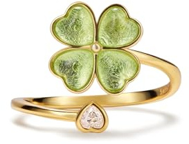 PERIMADE Anello calmante per l'ansia a quattro foglie di trifoglio, da donna, placcato oro, con zirconia cubica a forma di cuore, anello rotante ipoallergenico in argento Sterling 925, anello aperto