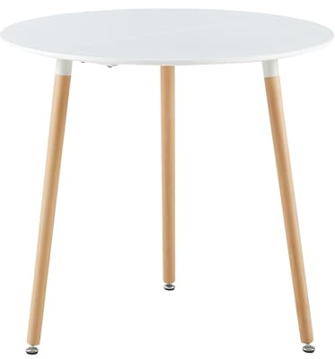 H.J WeDoo Table de Salle à Manger Ronde, Table de Cuisine en Bois, 80 x 80 x 74 cm, Pieds en Hêtre Naturel, Scandinave, Blanche