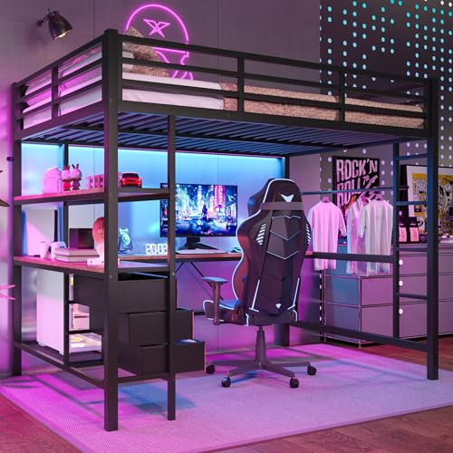 Arhatreya Hochbett 140x200 cm, Kinderbett mit Schreibtisch und LED, Jugendbett mit 3 Schubladen, Metallbett mit Steckdose+USB, Einzelbett für Kinder Jugendliche Schlafzimmer (Ohne Matratze) Schwarz