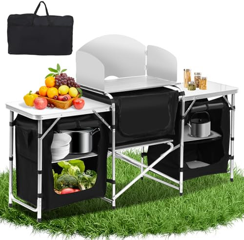 Ollewiellan Campingküche mit Tragetasche & Höhenverstellbaren Füßen Campingschrank Mit 5 Stauraumfächern,Outdoor Camping Küche Faltbar & Leicht für Camping, Grillen und Festivals