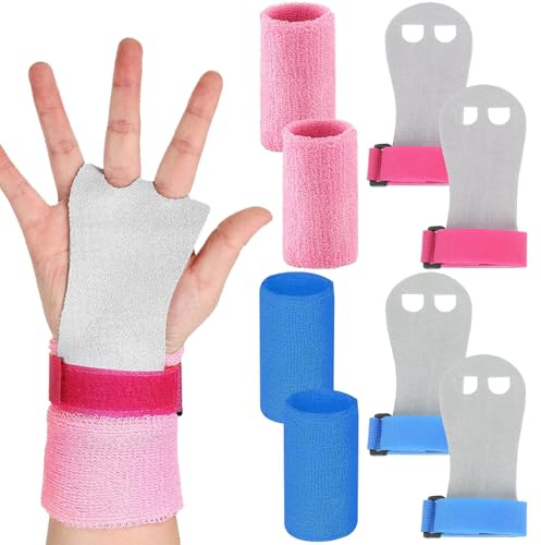 JSTHHTT 2 Sets Griffpads Kinder Reckriemchen Turnen Mädchen Reck Handschuhe Turnen Kinder, Pull Up Grips für Kinderr, Hand Grips Leder Trainingshandschuhe (Rosa, Blau, S)