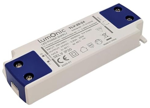 Lumonic I Transformador LED TLV-20-24 I 24V 20W I Input 220-240VAC I sin parpadeos I Protección contra sobrecargas I Fuente de alimentación LED I para iluminación LED