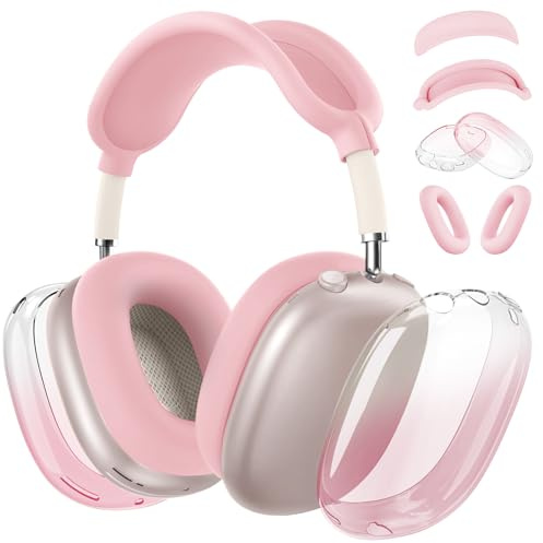 [4 in 1] Silicone Case Cover for AirPods Max, Clear Gradient Soft TPU Ear Cups Cover/Ear Pad Case Cover/Headband Cover Transparent Accessories for Apple AirPods Max (2024/2020)(USB-C/Lightning), Pink