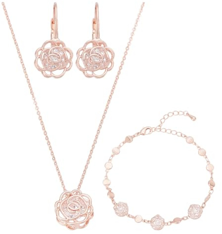 UNICRAFTALE Crystal Rose Flower Jewellery Sets Metal Flowers Necklace Bracelet Earrings Hollow Rose Gold Jewellery For Valentine's Day Mother's Day Gifts Wedding Party Event