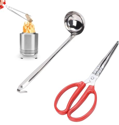 VELATEMOR Mesa/XL Accessories: Fireplace Iron Tongs & Pellet Scoop Set for Tabletop Fire Pit, Mini Firewood Grabber and Fuel Handling Tools