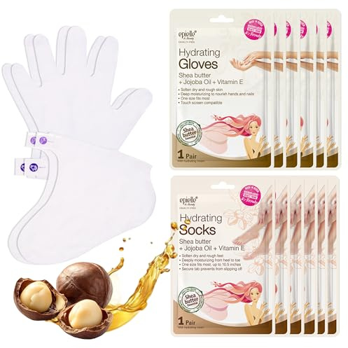 Epielle Masques hydratants pour les mains et les pieds, soulage et adoucit la peau sèche et surmenée, cadeaux de soins personnels pour femme, kit de spa, cadeaux de fête des mères, 6 gants hydratants