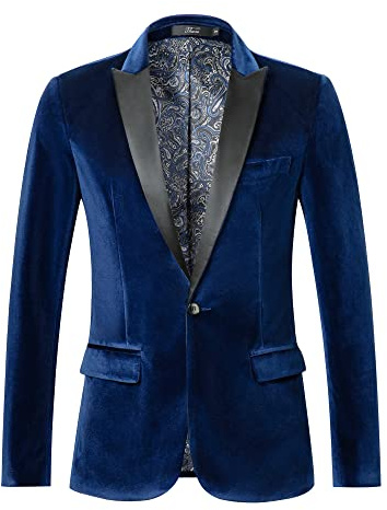 THWEI Mens Velvet Blazer Slim Fit Suit Jacket One Button Tuxedo Blazer Wedding Prom Dinner Royal Blue M