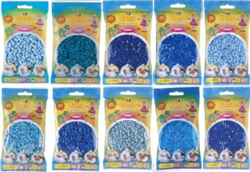 Hama Midi Bügelperlen Konvolut mit 10 Tönen: Blau, Hellblau, Türkis, Neonblau, Pastellblau, Azur, Petrol, Pastellhellblau + Anleitung mit 3 Vorlagen