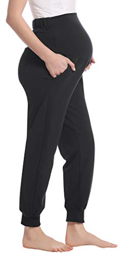 Joyaria Womens Cotton Maternity Sweatpants Over The Belly Jogger Pants Hight Waist Pregnant Lounge Pants(Black,Medium)