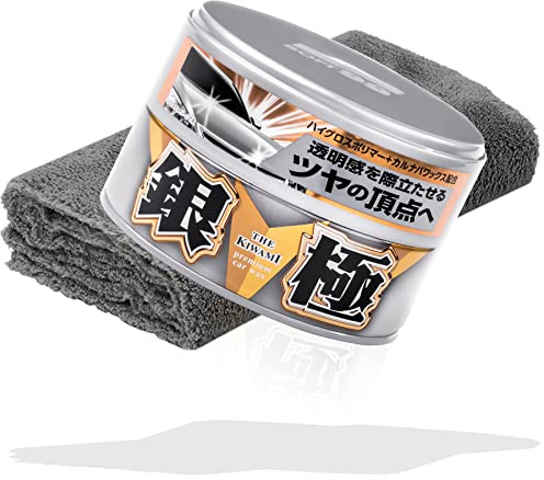 detailmate Vaxset: Soft99 Extreme Gloss Wax The Kiwami Light, Carnauba bilvax, lackförsegling med svamp, 200 g, Edgeless superfluffig mikrofiberduk 550GSM, grå