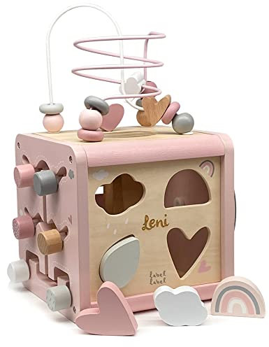 KIDSLINO Motorikwürfel aus Holz in rosa I Motorikspielzeug ab 1 Jahr personalisiert mit Name I Aktivitätswürfel als Geschenk zum 1. Geburtstag für Mädchen I Activity Cube ab 12 Monate